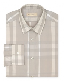 A broad check pattern blending tonal hues distinguishes this handsome dress shirt from Burberry.