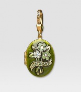 Peridot-colored CRYSTALLIZED - Swarovski Elements sparkle on this handcrafted, hand-enameled birthstone locket that opens to hold a favorite photo. Crystal Enamel 18k goldplated brass & brass-plated pewter Month indicated on the back Length, about 1¼ Width, about 1 Spring clip clasp Made in USA