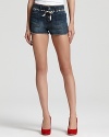 These super-mini Volcom denim shorts, accented with a striped tie belt, boast a high rise and front and back patch pokets for a slightly '70s feel.