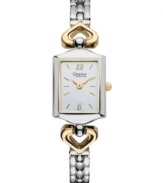 Signature style from Caravelle by Bulova. Silver tone mixed metal bracelet with unique gold tone links and rectangular case. Brushed silver tone dial features gold tone numerals at twelve and six o'clock, stick indices, three hands and logo. Quartz movement. Moisture resistant. Two-year limited warranty.