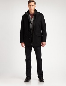 Cold weather favorite in a superior wool blend with nylon contrast piping for a sleek, streamlined silhouette.Zip frontStand collarChest welt, waist flap pocketsShoulder epaulettesFully linedAbout 33 from shoulder to hem80% wool/10% polyamide/10% polyesterDry cleanImported Cold weather favorite in a superior wool blend with nylon contrast piping for a sleek, streamlined silhouette.Zip frontStand collarChest welt, waist flap pocketsShoulder epaulettesFully linedAbout 33 from shoulder to hem80% wool/10% polyamide/10% polyesterDry cleanImported