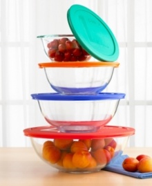 Perfect for virtually every kitchen task - cooking, serving and storage - this set of four covered bowls can go from the freezer to the oven or microwave and straight to the dinner table. Made of durable, impact resistant Pyrex with colorful, tight-fitting lids that lock in freshness. Easy to clean. Two-year warranty. Perfect for virtually every kitchen task - cooking, serving and storage - this set of four covered bowls can go from the freezer to the oven or microwave and straight to the dinner table. Made of durable, impact resistant Pyrex with colorful, tight-fitting lids that lock in freshness. Easy to clean. Two-year warranty.