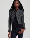 Work military chic in this cropped Theory tweed jacket, boasting a sharp stand collar and fringe trim on a structured silhouette.