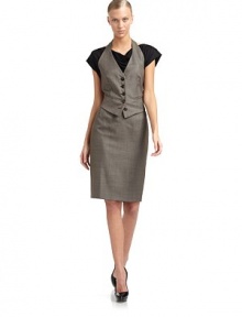 THE LOOKHalter styleButton frontDual front welt pocketsAdjustable buckle strap at open backTHE FITAbout 21 from shoulder to hemTHE MATERIAL83% virgin wool/16% silk/1% elastaneFully linedCARE & ORIGINDry cleanMade in ItalyModel shown is 5'10 (177cm) wearing US size 4. 