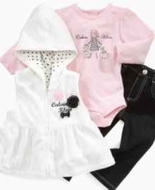 Show off her stylish side with this ultra adorable hooded vest, bodysuit and jeggings set by Calvin Klein. Show off her stylish side with this ultra adorable hooded vest, bodysuit and jeggings set by Calvin Klein.
