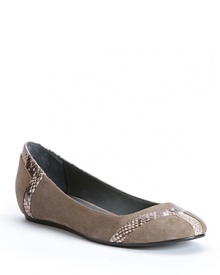 Netural suede flats up their fashion quotient with snakeskin-embossed details, in modern, Calvin Klein style.