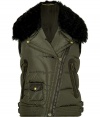Amp up your outwear wardrobe with Belstaffs iconically cool edge, and opt for the utilitarian-chic Milton vest in jet black accented military green - Notched lapel, asymmetrical front zip, zippered and snapped pockets, belted sides, fitted - Pair with urban-cool separates and jet black accessories