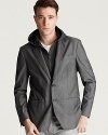 Stand out from the crowd when you rock this super-hip pinstripe blazer from John Varvatos Star USA. The faux-hoodie is removable for 2 great looks.