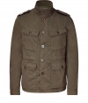 Stylish jacket in fine, sepia cotton stretch blend - A softer, lighter weight take on the classic military parka - Stand-up collar, epaulets and full-length button placket - Oversize flap pockets at chest and hips - Chic and utilitarian, a perfect blend of rugged and refined - Pair with jeans, chinos, or casual trousers