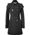 Invest in high style with this ultra-chic hooded trench from Burberry London - Small spread collar, hood with snap detailing, long sleeves with buttoned cuffs, double-breasted, front button placket, belted waist - Fitted silhouette - Pair with slim trousers or jeans and a cashmere pullover