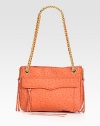 An easy shape of rich ostrich-stamped leather in a flirtatious hue, with lady-like chain shoulder straps. Double chain and leather shoulder strap, 11¾ dropMagnetic snap closureOne outside zip pocketOne outside flap pocketDual side zip gussetsProtective metal feetOne inside zip compartmentOne inside zip pocketOne inside open pocketCotton lining11¼W X 8¼H X 4DImported