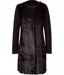 Luxurious jacket in fine wool-cashmere blend with fur front - Elegant, classic silhouette is narrow and tapered with an asymmetrical front closure - Thigh length and long sleeved - Warm and stylish for winter with business suits, leather pants, pencil skirts or jeans Luxurious jacket in fine wool-cashmere blend with fur front - Elegant, classic silhouette is narrow and tapered with an asymmetrical front closure - Thigh length and long sleeved - Warm and stylish for winter with business suits, leather pants, pencil skirts or jeans