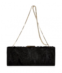 Finish ladylike looks on an exquisitely luxurious note with Salvatore Ferragamos textural Persian lamb clutch, detailed with a chain strap for a dressy edge perfect for chic evening events - Half metal frame with top logo clasp, chain strap, satin lining with back wall slot pocket - Wear with evening dresses and polished gold jewelry, or try with tailored separates and pin heels for cocktails Finish ladylike looks on an exquisitely luxurious note with Salvatore Ferragamos textural Persian lamb clutch, detailed with a chain strap for a dressy edge perfect for chic evening events - Half metal frame with top logo clasp, chain strap, satin lining with back wall slot pocket - Wear with evening dresses and polished gold jewelry, or try with tailored separates and pin heels for cocktails