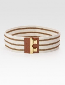This wide design features a leather accented, double push-lock closure. Width, about 3Imported This wide design features a leather accented, double push-lock closure. Width, about 3Imported
