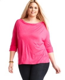 Complete your casual look with Soprano's three-quarter sleeve plus size top-- it's a perfect match with jeans.