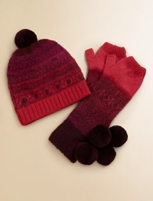Soft and warm, with a cheery Nordic pattern and big bobbly pompom. Pretty color palette80% wool, 20% cashmereDry cleanImported Soft and warm, with a cheery Nordic pattern and big bobbly pompom. Pretty color palette80% wool, 20% cashmereDry cleanImported