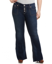 Rock an on-trend 70's spirit in Seven7 Jeans' plus size jeans, defined by a flared fit. Rock an on-trend 70's spirit in Seven7 Jeans' plus size jeans, defined by a flared fit.