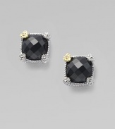 From the Linen Collection. An elegant faceted cushion of black onyx in a linen-textured sterling silver setting is gracefully accented by heart-shaped prongs, one of them in 18k gold with a diamond accent. Black onyx Diamonds, 0.008 tcw Sterling silver and 18k yellow gold Diameter, about 1¼ Post back Imported