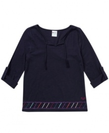 She can boost her beachy style with this cute top from Roxy, a cozy look and feel. She can boost her beachy style with this cute top from Roxy, a cozy look and feel.