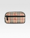 Signature check print pattern defines a travel essential with an exterior and interior zip pocket to secure all of your belongings.Zip closureExterior, interior zip pocketPVC11W x 6H x 4DMade in Italy