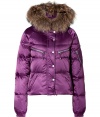 Maximize your sporty, slope-ready style in this ultra-luxe fur-trimmed down jacket from Jet Set - Raccoon fur-trimmed hood, concealed front zip closure with front snap placket, long sleeves, zip pockets and slash pockets, quilted - Fitted silhouette - Pair with jeans or leggings for the city and chic ski pants for the slopes