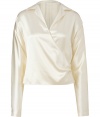 Elegant pearl wrap washed silk charmeuse top from Ralph Lauren Collection - Make a refiner statement in this classically cut wrap style top - Biased cut silk, small collar, wrapped silhouette - Style with a pencil skirt, bold shoulder blazer, and statement heels