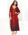 One World's Maxi caftan is loose, flowy, and fancy. With an elegant lace print and an easy v-neck, this floor-length style is nothing but comfortable.