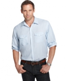 Calvin Klein, the master of modern minimalism, brings a pattern to your look with this subdued striped shirt. Calvin Klein, the master of modern minimalism, brings a pattern to your look with this subdued striped shirt.