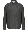 With a modern slim fit and partial button-down front, Rag & Bones black heather cotton shirt is an easy way to add an understated Downtown edge to your outfit - Spread collar, long sleeves, buttoned cuffs, partial button placket, chest pocket, shirttail hemline - Slim fit - Wear with jeans and suede lace-ups