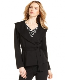 Versatile ponte knit and an elegant portrait collar on Calvin Klein's belted jacket create a striking look that takes you from morning to evening in style. Versatile ponte knit and an elegant portrait collar on Calvin Klein's belted jacket create a striking look that takes you from morning to evening in style.