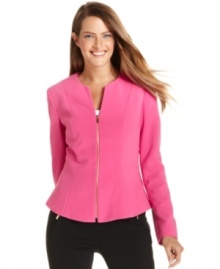 A collarless silhouette and flared hem make Calvin Klein's jacket look extra contemporary. A collarless silhouette and flared hem make Calvin Klein's jacket look extra contemporary.