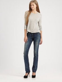 Tailored with signature stitching and subtle distressing, these soft bootcut jeans are bound to become a wardrobe favorite. THE FITRise, about 9Inseam, about 32THE DETAILSZip flyFive-pocket styleCotton/polyester/elastaneMachine washMade in USA of imported fabricModel shown is 5'11 (178cm) wearing US size 4.