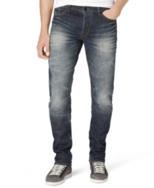 A white fade and distressed details give these Calvin Klein jeans a cool edgy style. A white fade and distressed details give these Calvin Klein jeans a cool edgy style.