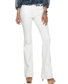 A retro silhouette is given new life with a fresh white wash in this Calvin Klein Jeans look. The curve-hugging flared fit instantly elongates your legs, too! A retro silhouette is given new life with a fresh white wash in this Calvin Klein Jeans look. The curve-hugging flared fit instantly elongates your legs, too!