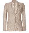 Lavish neutral lace covers this ladylike blazer from Moschino Cheap & Chic - Notched lapels, long sleeves, single button closure, single chest pocket, waist flap pockets, slim fit, all-over lace - Wear with a silk blouse, cropped trousers, and neutral platform pumps