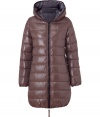 A sleek outer shell and elegant contrast trim lend this Duvetica down jacket its sporty and stylish edge - In a lighter weight, wind- and water-resistant taupe polyamide - Slim cut fits close to the body for extra warmth and tapers through waist - Full zip, grey fabric-lined hood and oversize diagonal zippered pockets at sides - Perfect for cold weather casual looks including jeans, cords, chinos and ski pants