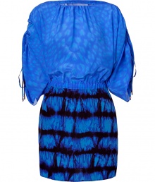 This pure silk dress is lightweight and features refined details - Blue marble-like print, wide, ruched-tie sleeves, sexy feminine draping and a gathered waist - Contrasting skirt falls just above the knee - Pair with platform heels and a clutch for your next night out