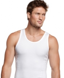 Comfortable enough to wear every day, this slimming compression tank from Calvin Klein visibly flattens your midsection for a sleek silhouette. Comfortable enough to wear every day, this slimming compression tank from Calvin Klein visibly flattens your midsection for a sleek silhouette.