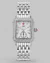 From the Deco Collection. Mother of pearl dial and diamond accents make this elegant time piece a true style statement.Swiss quartz movement Water resistant to 5 ATM Diamond pavé bezel, 0.49 tcw Rectangular stainless steel case, 30mm, (1.18) Mother of pearl dial Second sub-dial Index hour markers Stainless steel link bracelet Imported 