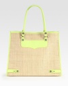 Textural straw canvas, trimmed in brightly-hued leather and embellished with rivet details.Double top handles, 8 dropTop snap closureOne inside zip pocketThree inside open pocketsNylon lining16W X 13H X 4¼DImported