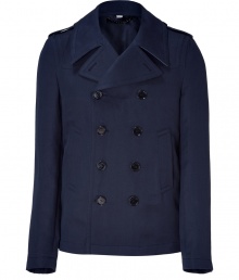 Channel quintessential British style in this luxe short peacoat from Burberry London - Large spread collar, double breasted, epaulets, front on-seam pockets, back button tab detail, back vent - Pair with slim trousers, a cashmere pullover, and boots