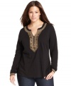 Elaborate beading elegantly accents Lucky Brand Jeans' long sleeve plus size top-- it's a must-get for polished casual style!