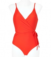 Add instant chic to your swim-ready style with this adorable swimsuit from Diane von Furstenberg - V-neck, wrap style with side tie detail, thin straps, deep V in back, full-coverage bottom - Pair with a sheer caftan, wedge heels, and a floppy sun hat