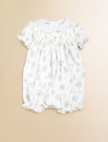 An adorable shortall designed in a comfortable bubble silhouette from soft cotton jersey.Peter Pan collar with lace trimShort sleeves with elasticized, embroidered cuffsSmocked bodiceBack buttonsHidden bottom snapsPima cottonMachine washImported Please note: Number of buttons/snaps may vary depending on size ordered. An adorable shortall designed in a comfortable bubble silhouette from soft cotton jersey.Peter Pan collar with lace trimShort sleeves with elasticized, embroidered cuffsSmocked bodiceBack buttonsHidden bottom snapsPima cottonMachine washImported Please note: Number of buttons/snaps may vary depending on size ordered.