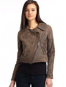 THE LOOKTopstitched collar, placket and hemAsymmetrical front zipperDual zip pocketsLong sleeves with banded cuffsTextured elbow patchesCenter back vent with snap closuresTHE FITAbout 19 from shoulder to hemTHE MATERIALLamb leatherFully linedCARE & ORIGINDry clean by a leather specialistImportedModel shown is 5'10½ (179cm) wearing US size Small. THE LOOKTopstitched collar, placket and hemAsymmetrical front zipperDual zip pocketsLong sleeves with banded cuffsTextured elbow patchesCenter back vent with snap closuresTHE FITAbout 19 from shoulder to hemTHE MATERIALLamb leatherFully linedCARE & ORIGINDry clean by a leather specialistImportedModel shown is 5'10½ (179cm) wearing US size Small.