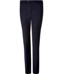 Elegant classic pant in fine, pure dark navy wool - Modern, slim straight cut - Flattering crease detail elongates the silhouette - Tab waist with belt loops and button closure - Pockets at sides and single welt pocket at rear - Comfortable yet polished, an easy, everyday go-to - Pair with button downs, pullovers or a suit jacket Elegant classic pant in fine, pure dark navy wool - Modern, slim straight cut - Flattering crease detail elongates the silhouette - Tab waist with belt loops and button closure - Pockets at sides and single welt pocket at rear - Comfortable yet polished, an easy, everyday go-to - Pair with button downs, pullovers or a suit jacket