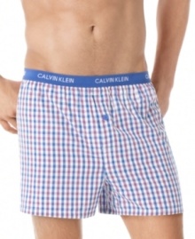 Some color underneath it all. These boxers from Calvin Klein have the freedom of movement you enjoy in a slimmer fit more in-line with modern fitting pants. Some color underneath it all. These boxers from Calvin Klein have the freedom of movement you enjoy in a slimmer fit more in-line with modern fitting pants.