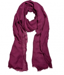 Richly-hued accessories like Faliero Sartis deep orchid scarf add instant style and easy polish to any outfit - Sumptuously soft in a fine, modal and cashmere blend - Moderately long and wide, with delicate eyelash fringe trim - Versatile and perennially chic, perfect for pairing with everything from jeans and a t-shirt to a knit dress and leather jacket