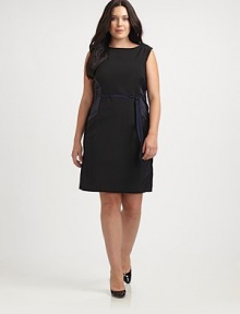 Not your average sheath, this pretty twill dress will be a standout style in your closet. It features a waist-defining grosgrain belt and on-trend colorblock exposed back zipper. Round neckSleevelessGrosgrain beltExposed back zipperBack ventFully linedAbout 25 from shoulder to hem98% polyester/2% elastaneDry cleanImported Not your average sheath, this pretty twill dress will be a standout style in your closet. It features a waist-defining grosgrain belt and on-trend colorblock exposed back zipper. Round neckSleevelessGrosgrain beltExposed back zipperBack ventFully linedAbout 25 from shoulder to hem98% polyester/2% elastaneDry cleanImported