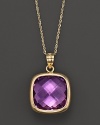 Cushion-cut amethyst pendant set in 14K yellow gold.